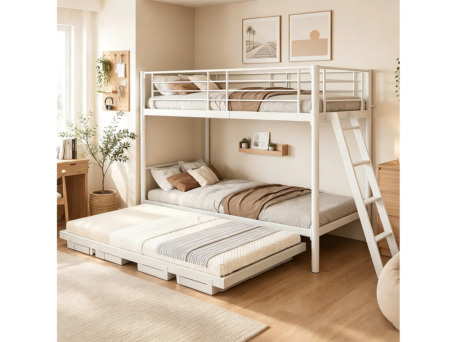 Lit superposé en métal 90 x 200 cm - avec lit gigogne - avec échelle de sécurité - avec barrières de sécurité - blanc (matelas non inclus)