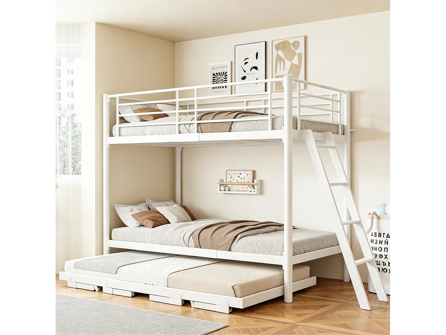 Lit superposé en métal 90 x 200 cm - avec lit gigogne - avec échelle de sécurité - avec barrières de sécurité - blanc (matelas non inclus)