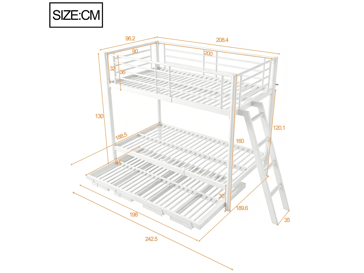 Lit superposé en métal 90 x 200 cm - avec lit gigogne - avec échelle de sécurité - avec barrières de sécurité - blanc (matelas non inclus)
