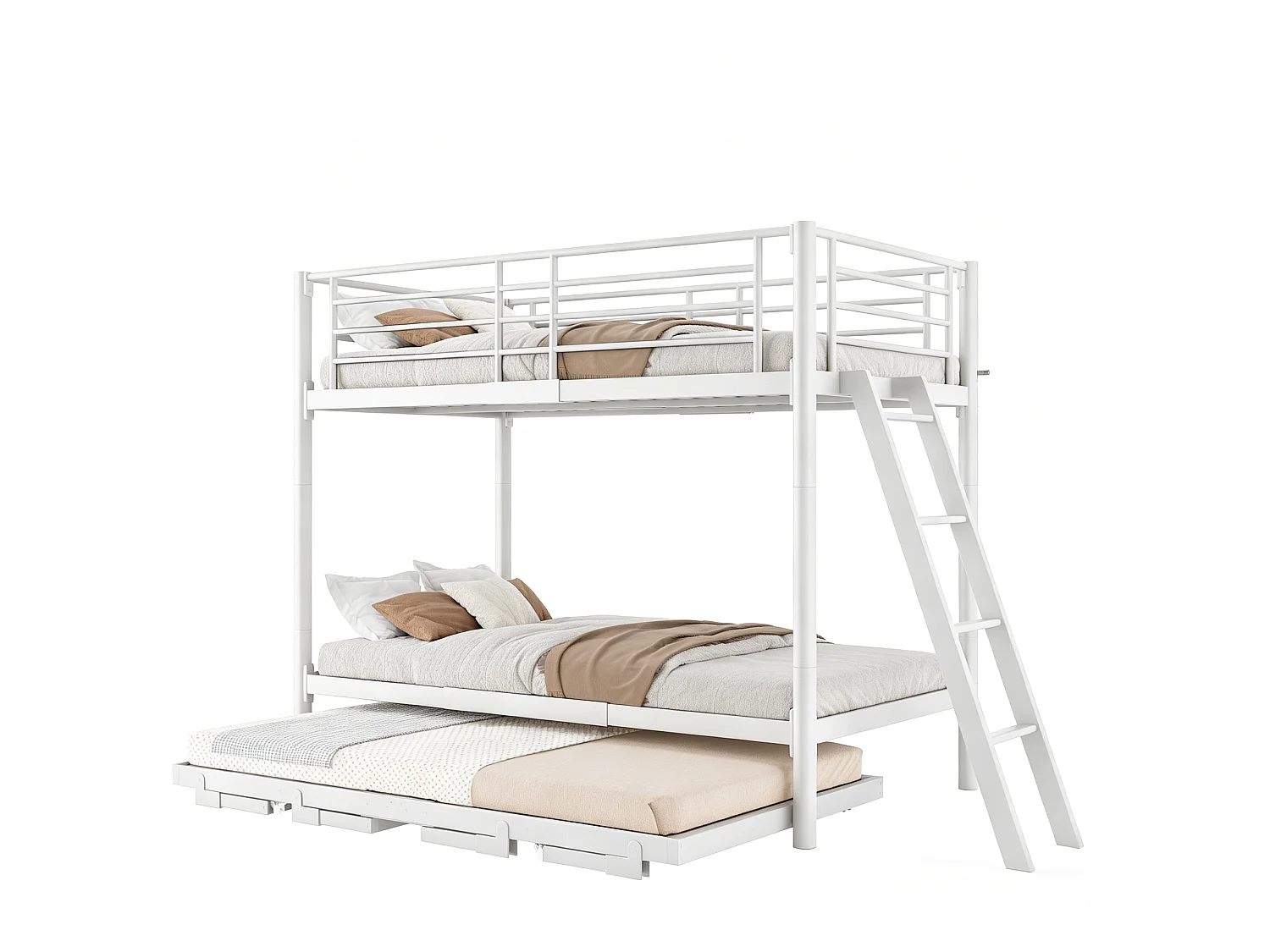 Lit superposé en métal 90 x 200 cm - avec lit gigogne - avec échelle de sécurité - avec barrières de sécurité - blanc (matelas non inclus)