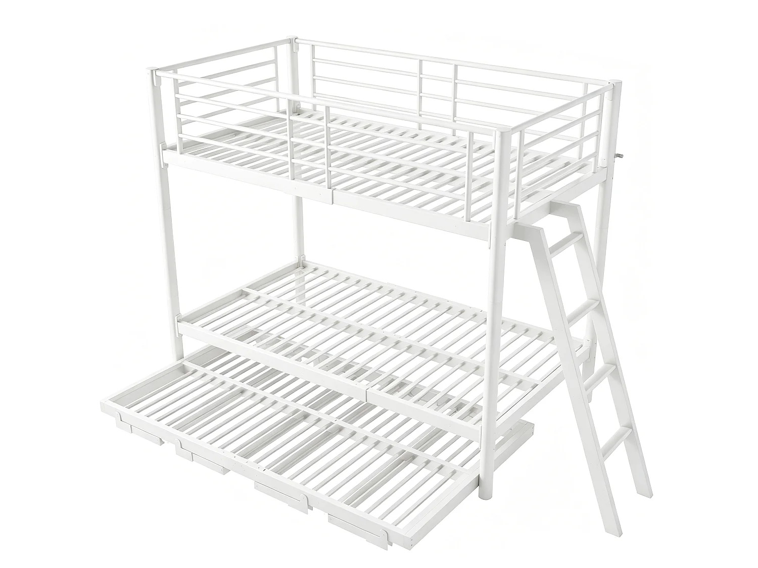 Lit superposé en métal 90 x 200 cm - avec lit gigogne - avec échelle de sécurité - avec barrières de sécurité - blanc (matelas non inclus)