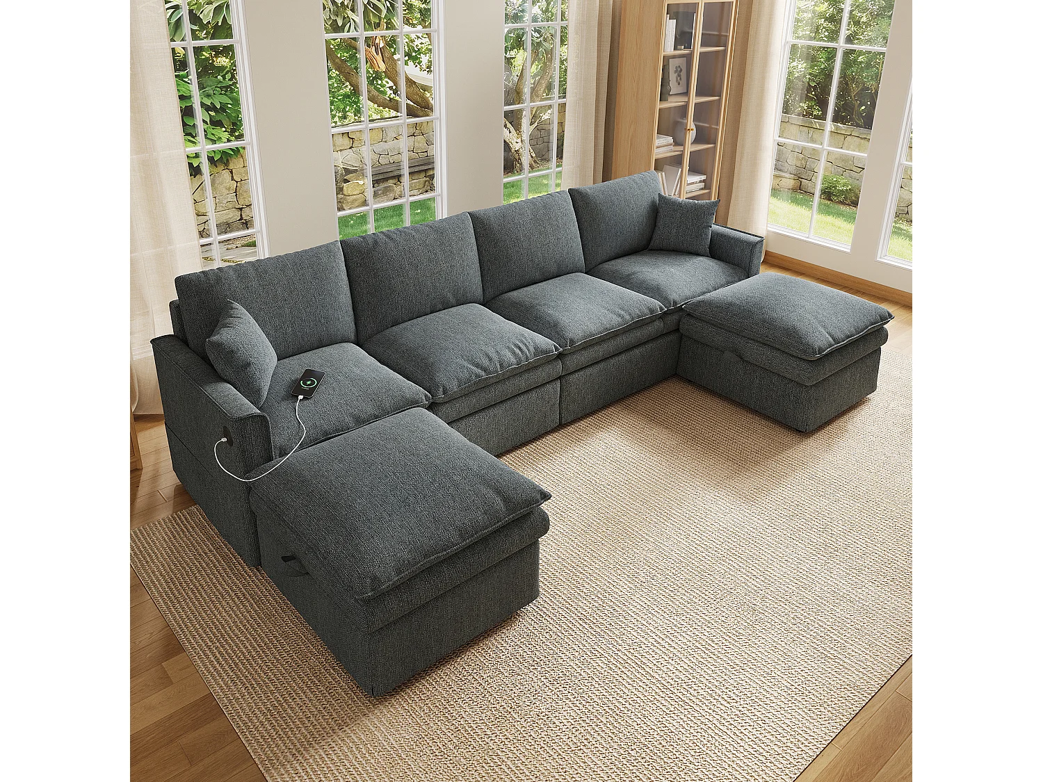 Canapé de canto 6 lugares em forma de U/L 277 × 80 × 135 cm - 2 pufes de armazenamento removíveis e 2 almofadas - algodão e linho - cinza