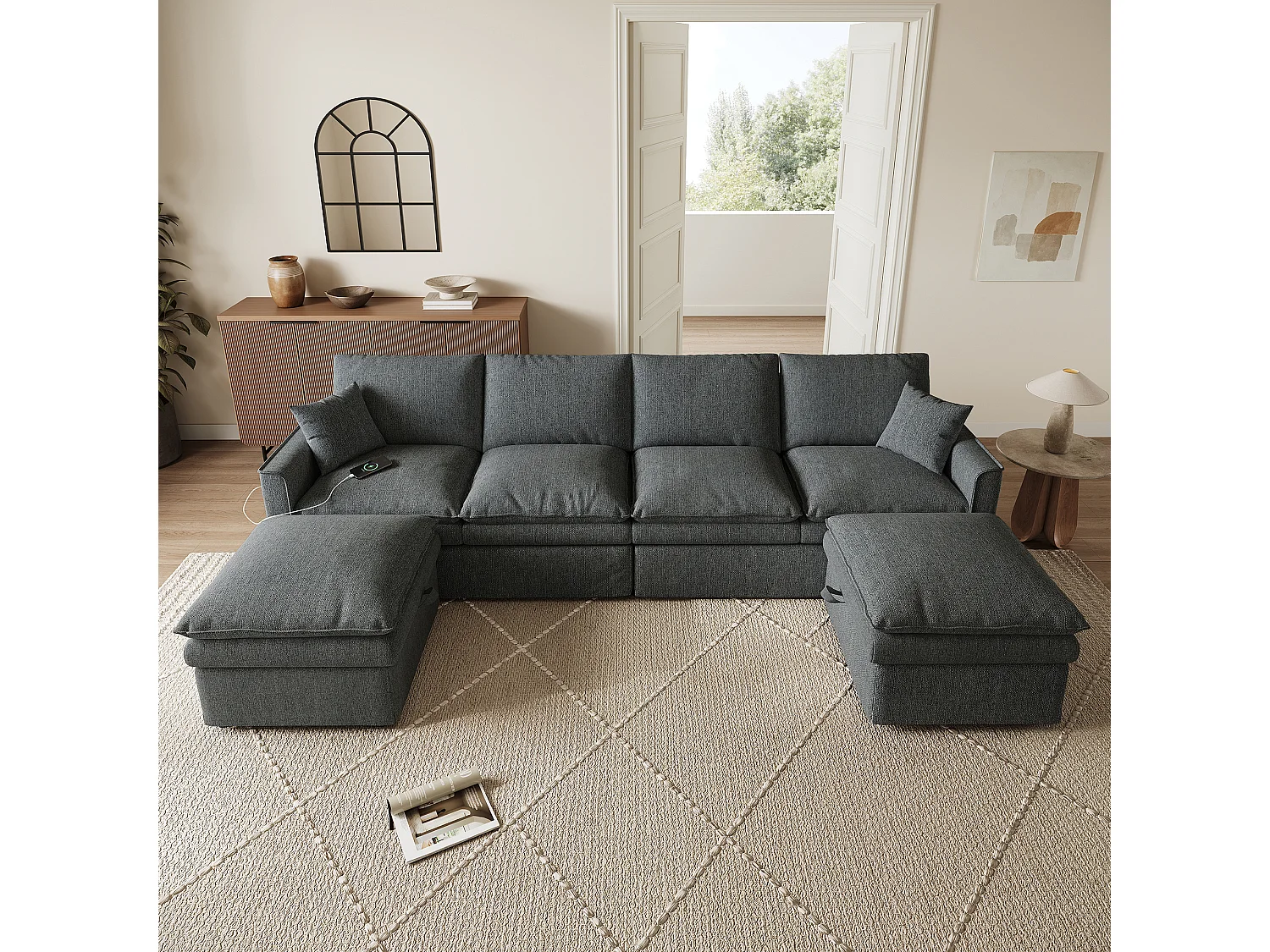 Canapé de canto 6 lugares em forma de U/L 277 × 80 × 135 cm - 2 pufes de armazenamento removíveis e 2 almofadas - algodão e linho - cinza