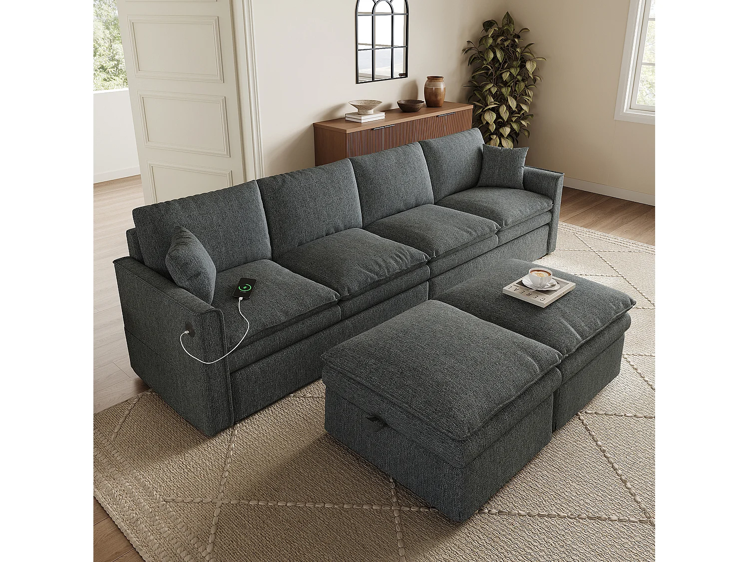 Canapé de canto 6 lugares em forma de U/L 277 × 80 × 135 cm - 2 pufes de armazenamento removíveis e 2 almofadas - algodão e linho - cinza