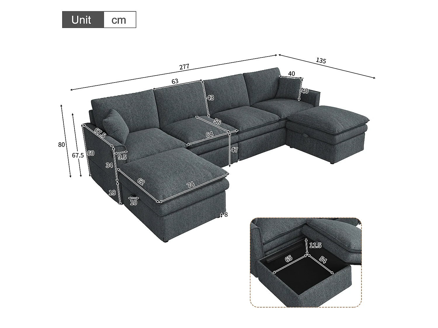 Canapé de canto 6 lugares em forma de U/L 277 × 80 × 135 cm - 2 pufes de armazenamento removíveis e 2 almofadas - algodão e linho - cinza