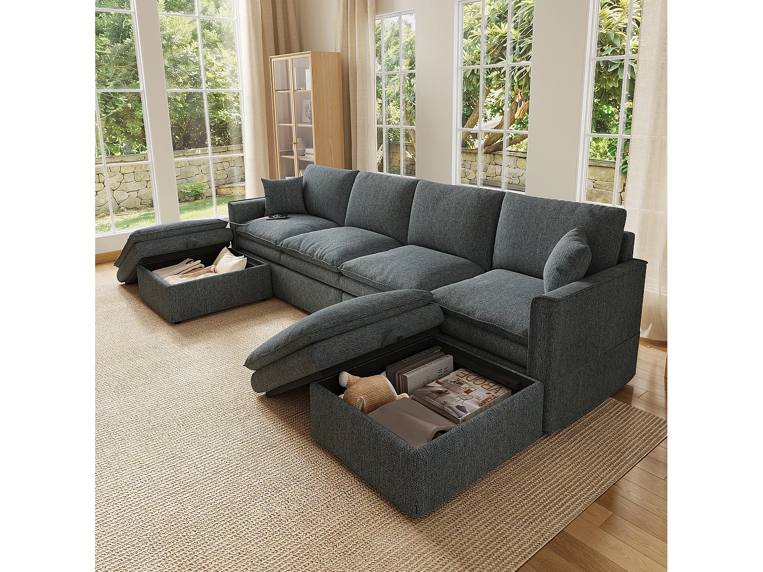 Canapé de canto 6 lugares em forma de U/L 277 × 80 × 135 cm - 2 pufes de armazenamento removíveis e 2 almofadas - algodão e linho - cinza