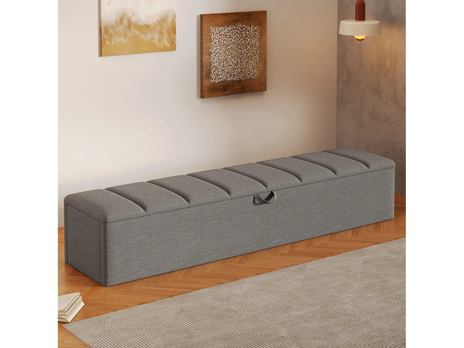 Opbergbank 163 x 32 x 36 cm - Mobiel - Met opbergruimte - Veloursstof - Grijs