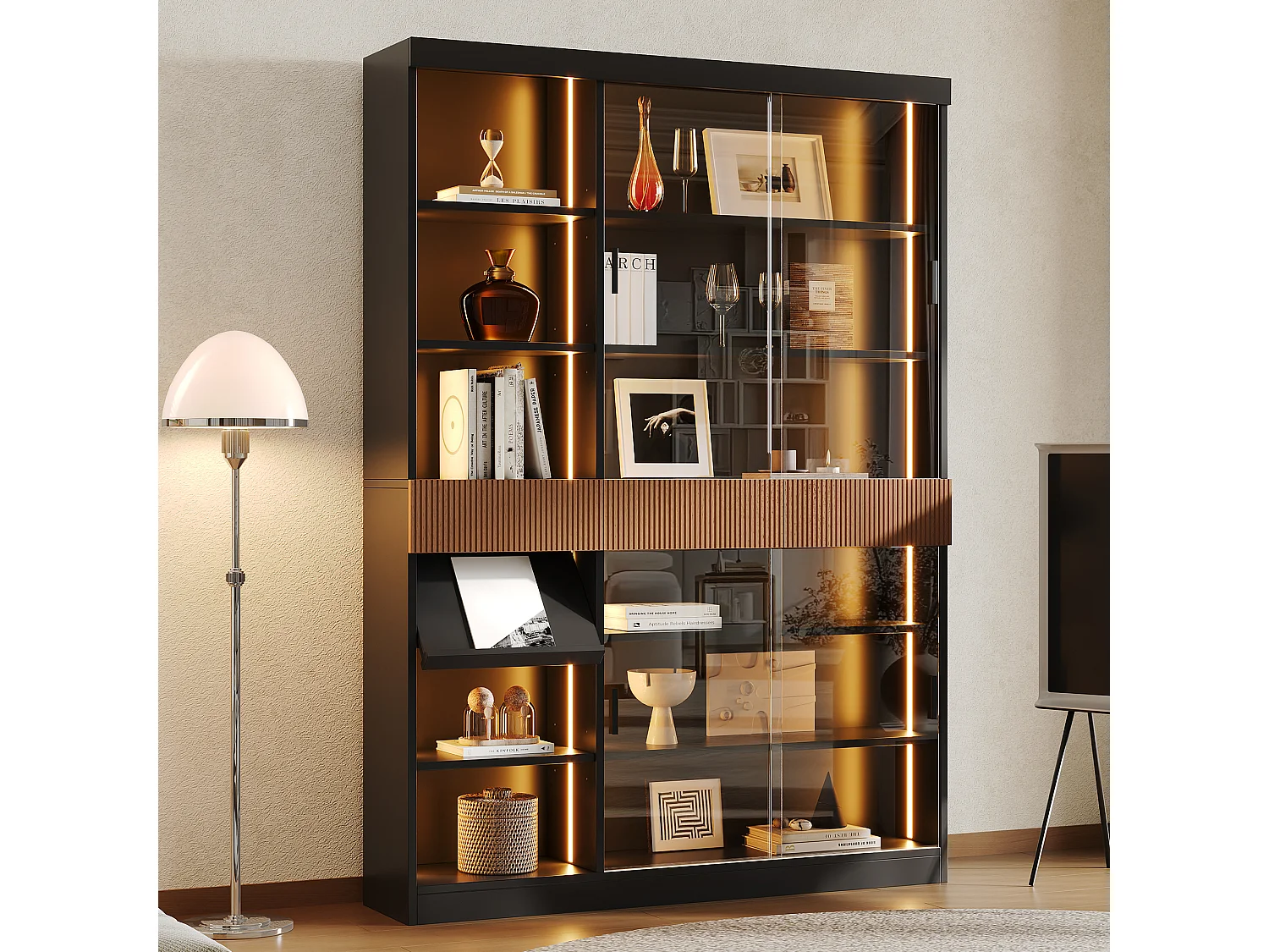 Vitrine 120 x 28,5 x 180 cm - LED-Beleuchtung - 4 Schiebetüren aus gehärtetem Glas und 3 Schubladen - Klappbare Regale - MDF - Braun