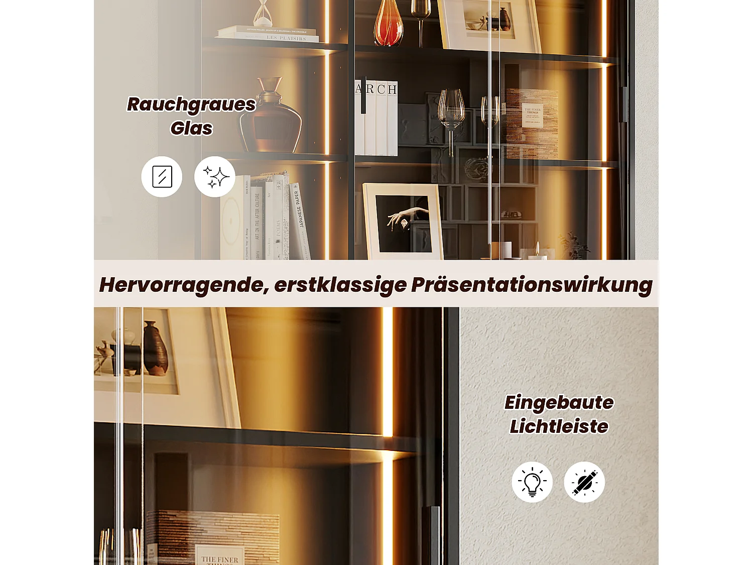 Vitrine 120 x 28,5 x 180 cm - LED-Beleuchtung - 4 Schiebetüren aus gehärtetem Glas und 3 Schubladen - Klappbare Regale - MDF - Braun
