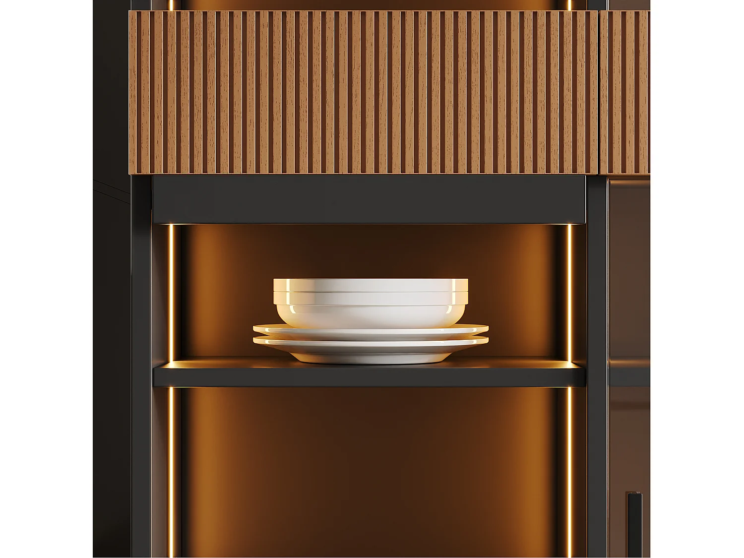 Vitrine 120 x 28,5 x 180 cm - LED-Beleuchtung - 4 Schiebetüren aus gehärtetem Glas und 3 Schubladen - Klappbare Regale - MDF - Braun