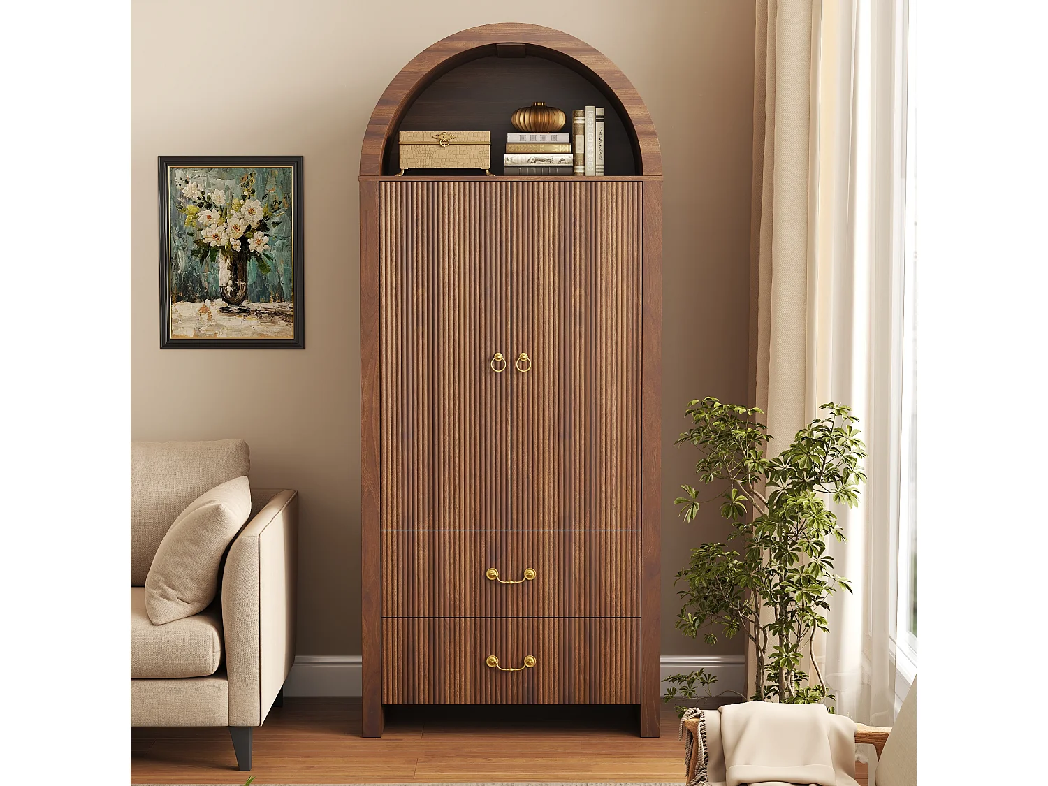 Buffet, armoire haute moderne cintrée 76x38x180 cm - Éclairage LED - 2 portes et 2 tiroirs - Rayures verticales - MDF - Marron