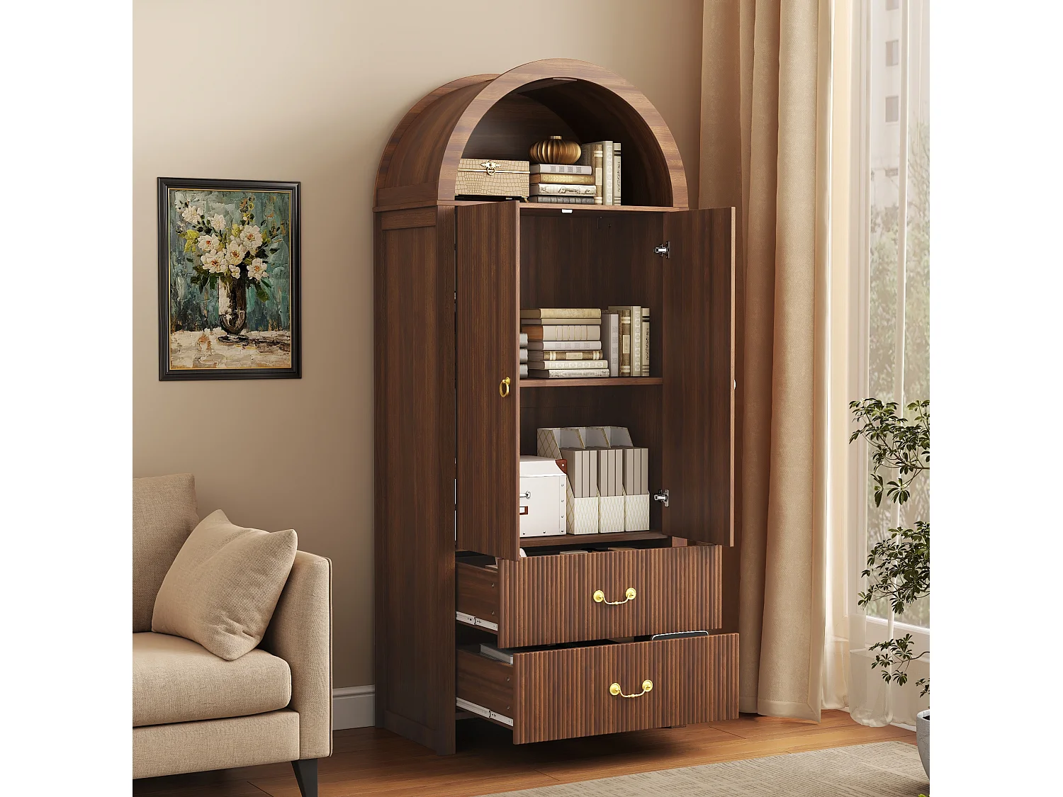 Buffet, armoire haute moderne cintrée 76x38x180 cm - Éclairage LED - 2 portes et 2 tiroirs - Rayures verticales - MDF - Marron