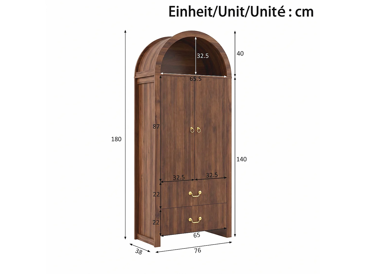 Buffet, armoire haute moderne cintrée 76x38x180 cm - Éclairage LED - 2 portes et 2 tiroirs - Rayures verticales - MDF - Marron