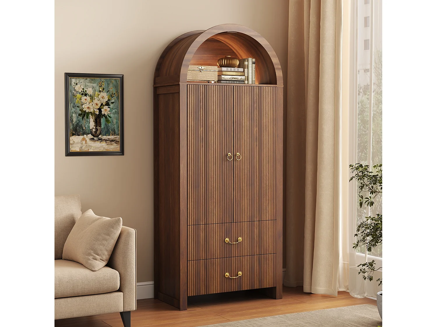 Buffet, armoire haute moderne cintrée 76x38x180 cm - Éclairage LED - 2 portes et 2 tiroirs - Rayures verticales - MDF - Marron