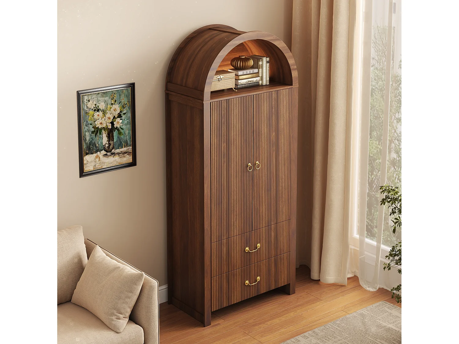 Buffet, armoire haute moderne cintrée 76x38x180 cm - Éclairage LED - 2 portes et 2 tiroirs - Rayures verticales - MDF - Marron