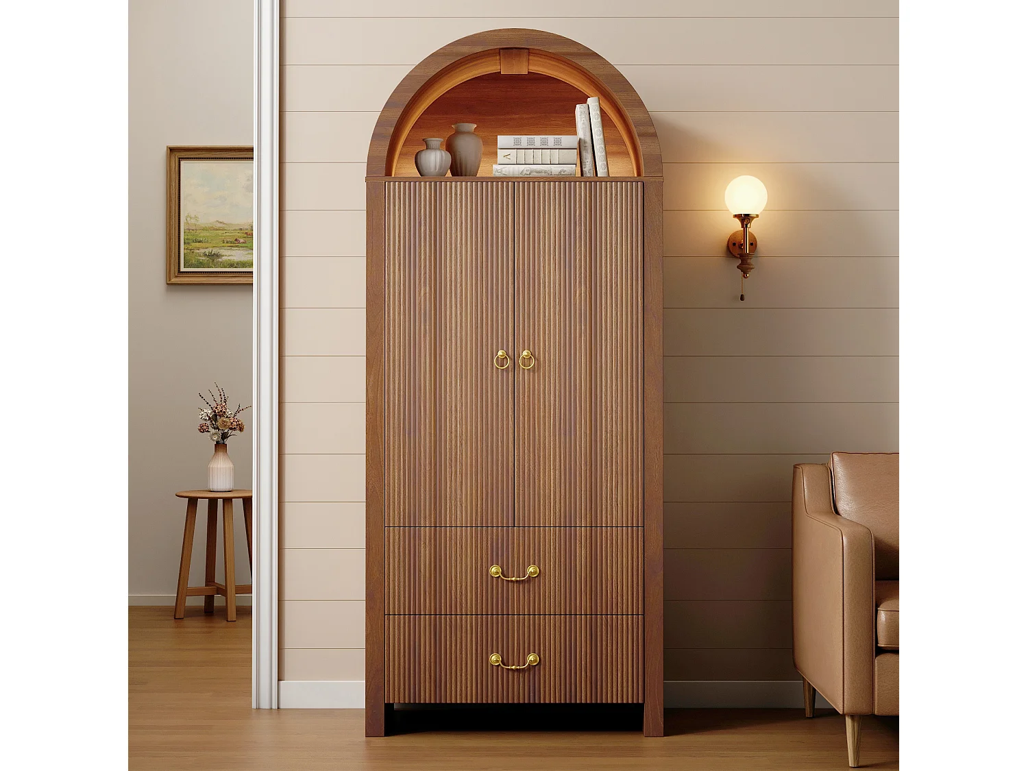 Buffet, armoire haute moderne cintrée 76x38x180 cm - Éclairage LED - 2 portes et 2 tiroirs - Rayures verticales - MDF - Marron