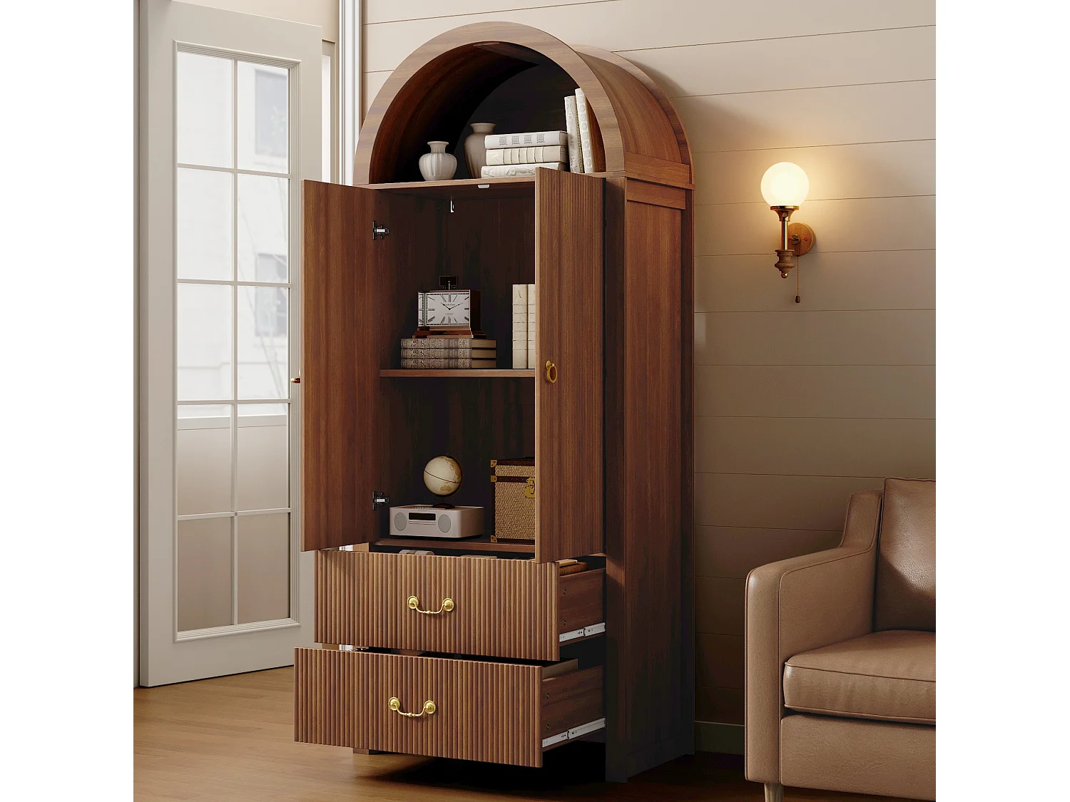 Buffet, armoire haute moderne cintrée 76x38x180 cm - Éclairage LED - 2 portes et 2 tiroirs - Rayures verticales - MDF - Marron