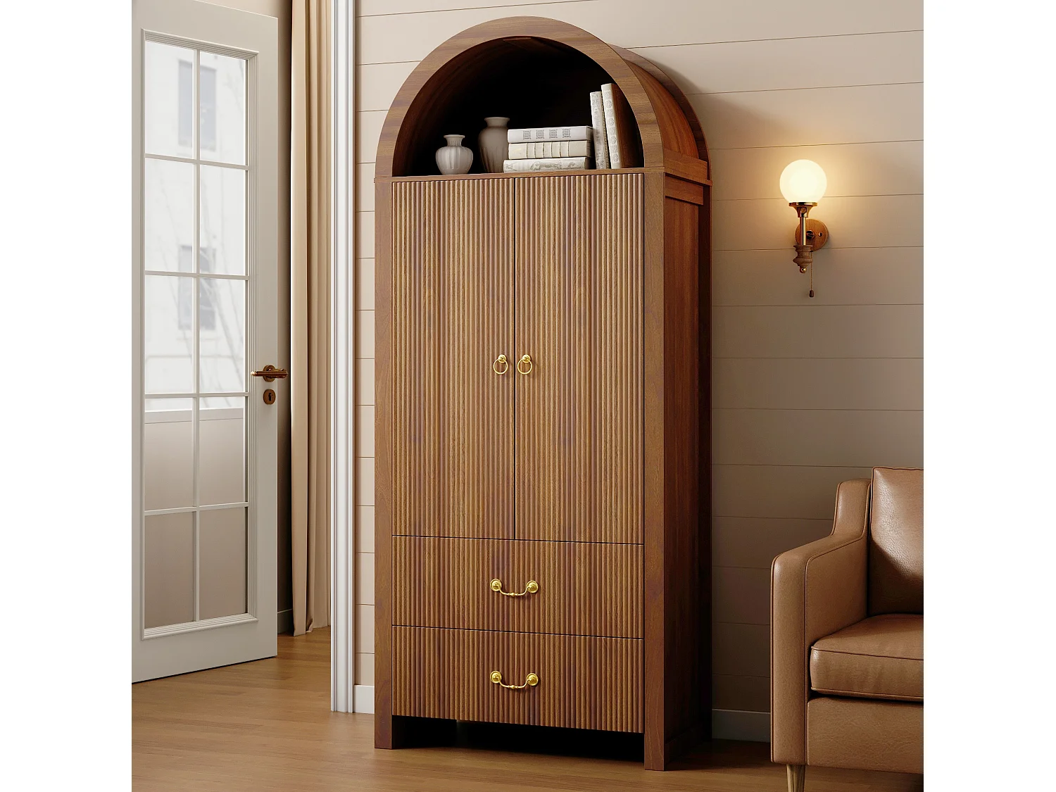 Buffet, armoire haute moderne cintrée 76x38x180 cm - Éclairage LED - 2 portes et 2 tiroirs - Rayures verticales - MDF - Marron