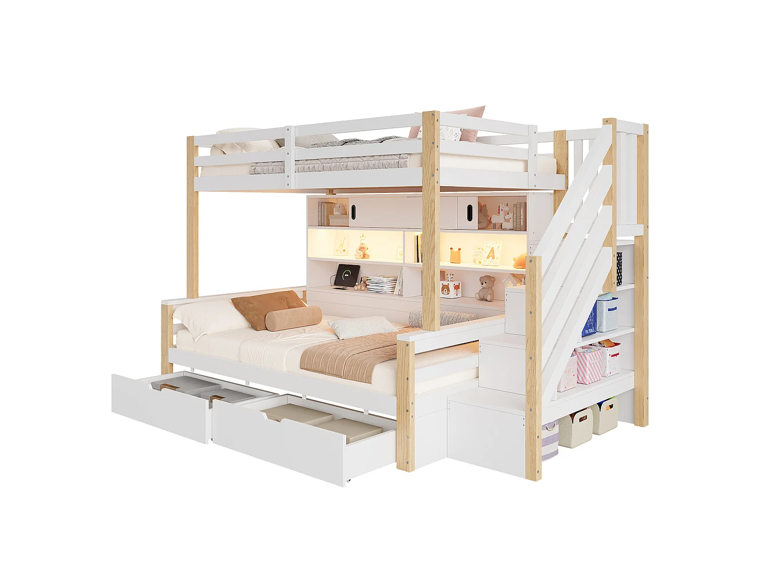 Våningssäng barn 90x200cm - Trästomme - LED och USB-laddningsport - 2 lådor och förvaringsstege - Vit+natural