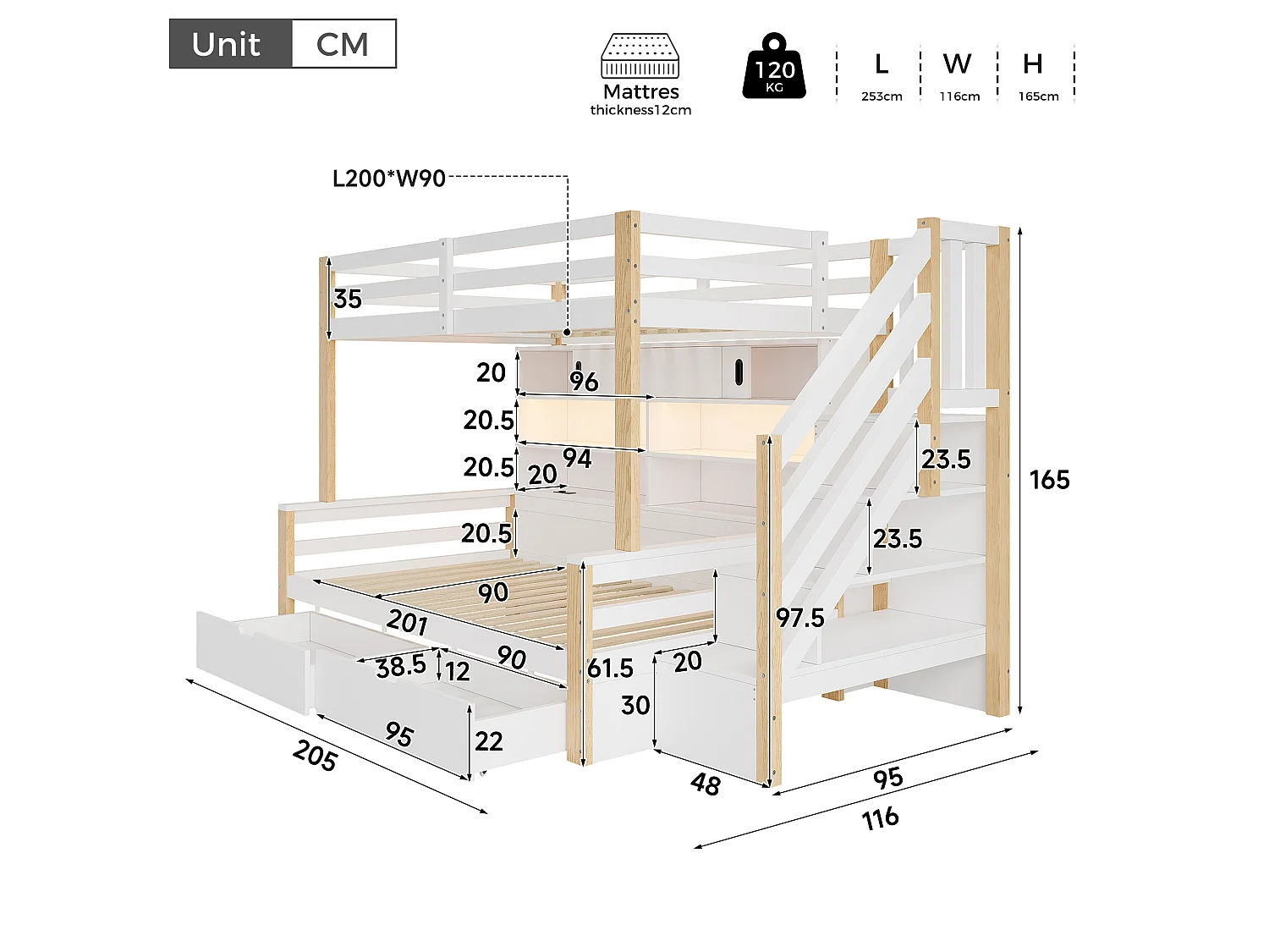 Våningssäng barn 90x200cm - Trästomme - LED och USB-laddningsport - 2 lådor och förvaringsstege - Vit+natural