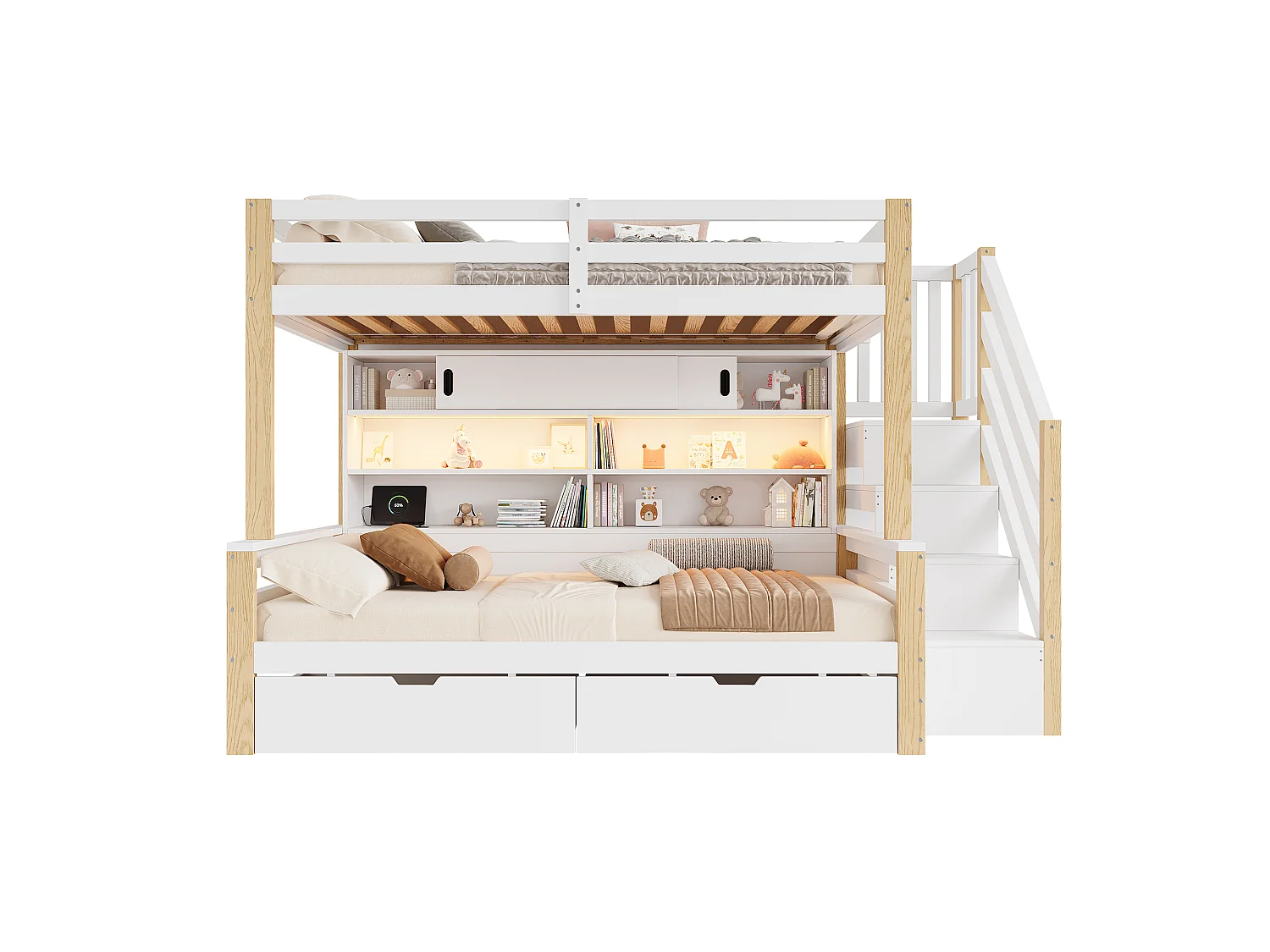 Våningssäng barn 90x200cm - Trästomme - LED och USB-laddningsport - 2 lådor och förvaringsstege - Vit+natural