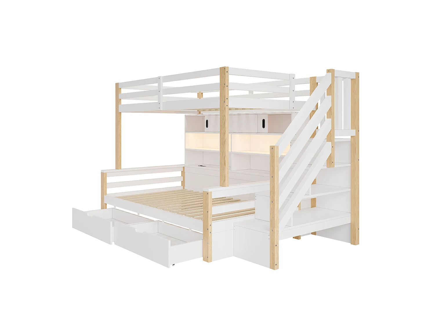 Våningssäng barn 90x200cm - Trästomme - LED och USB-laddningsport - 2 lådor och förvaringsstege - Vit+natural