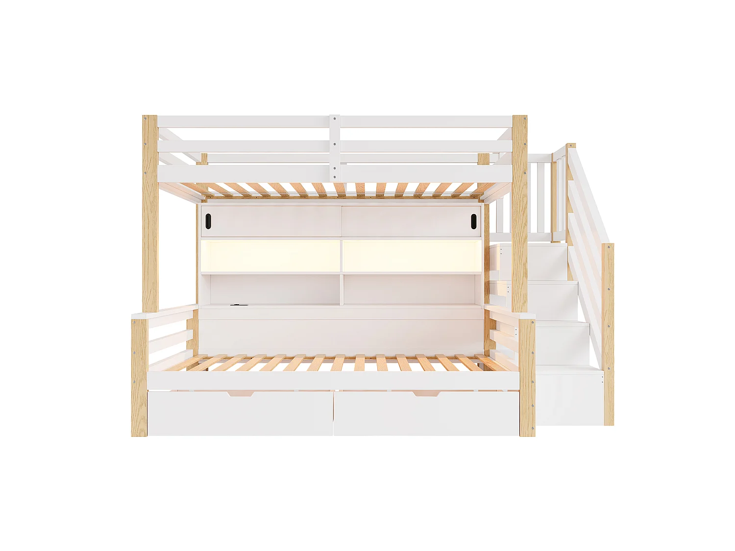 Våningssäng barn 90x200cm - Trästomme - LED och USB-laddningsport - 2 lådor och förvaringsstege - Vit+natural