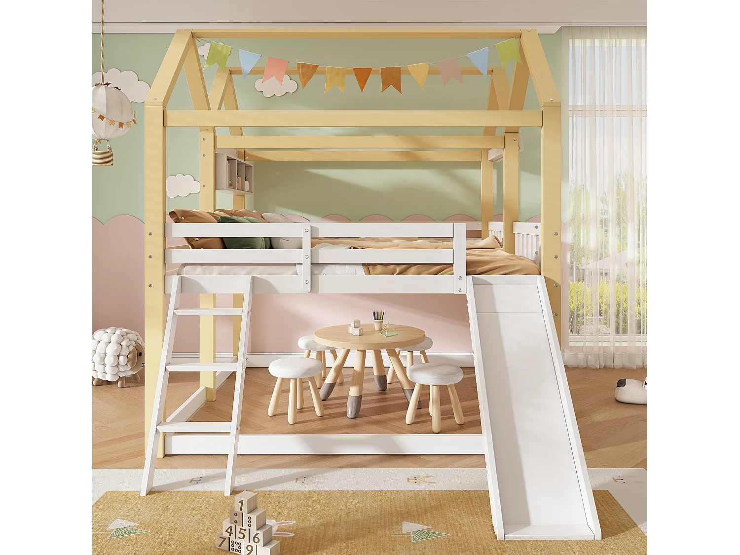 Våningssäng barn 90x200 cm - med rutschkanor och klättervägg - kan vändas till vänster och höger - Massivt trä + MDF - Vit + Natur (utan madrass)