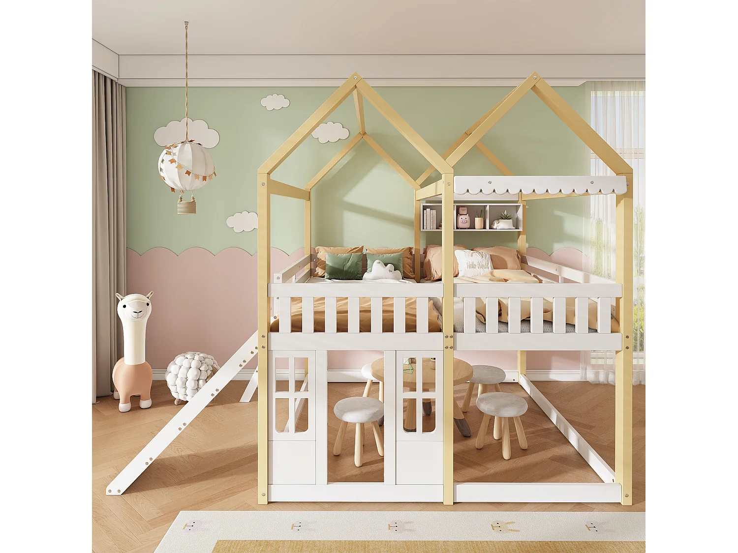 Våningssäng barn 90x200 cm - med rutschkanor och klättervägg - kan vändas till vänster och höger - Massivt trä + MDF - Vit + Natur (utan madrass)
