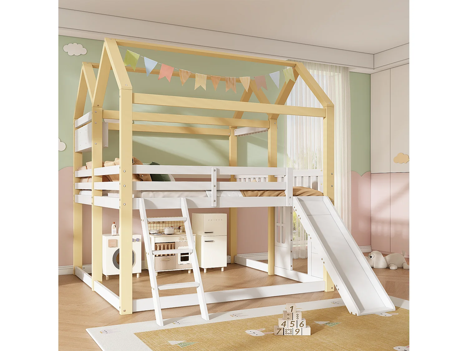 Våningssäng barn 90x200 cm - med rutschkanor och klättervägg - kan vändas till vänster och höger - Massivt trä + MDF - Vit + Natur (utan madrass)