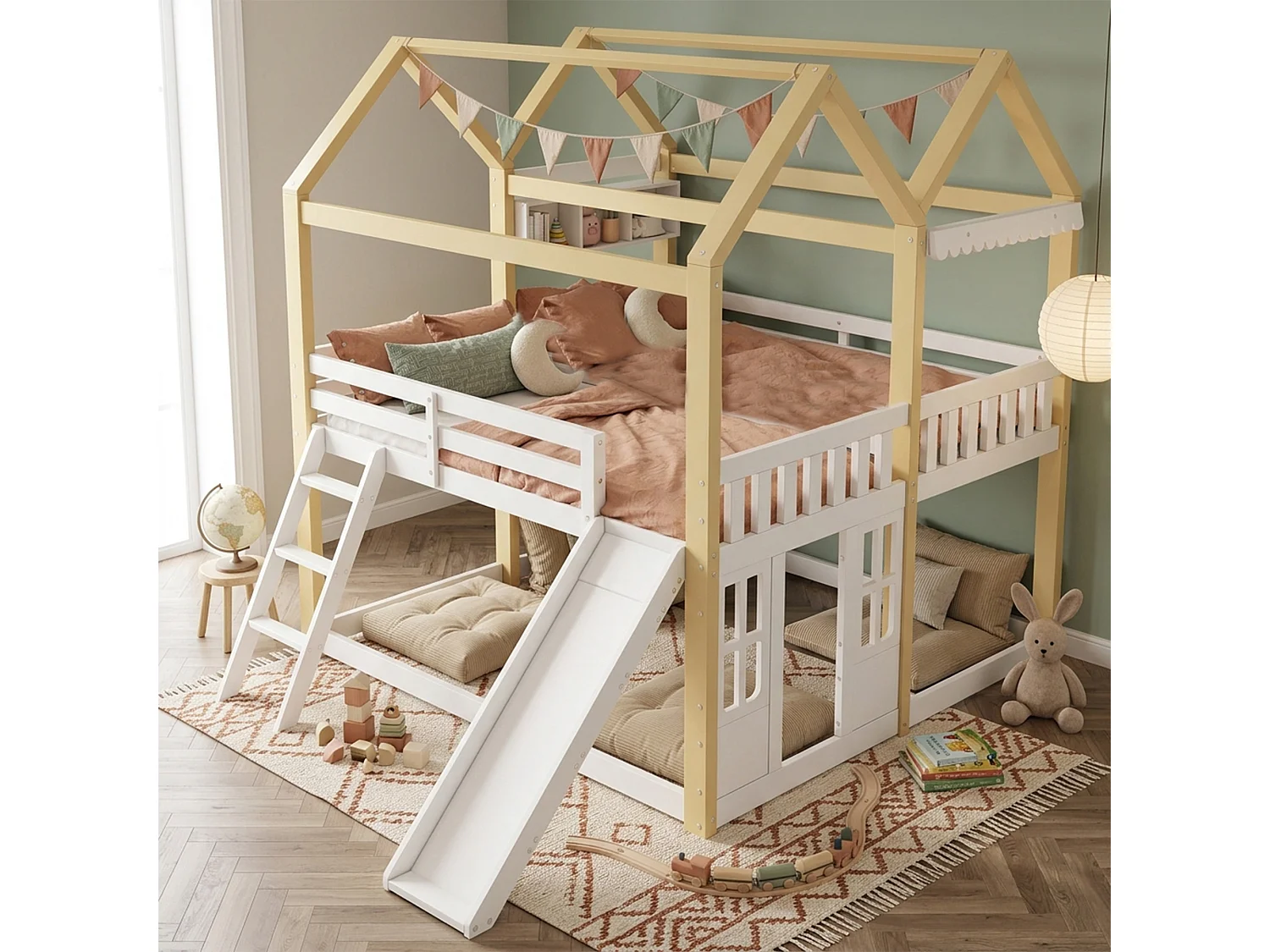 Våningssäng barn 90x200 cm - med rutschkanor och klättervägg - kan vändas till vänster och höger - Massivt trä + MDF - Vit + Natur (utan madrass)