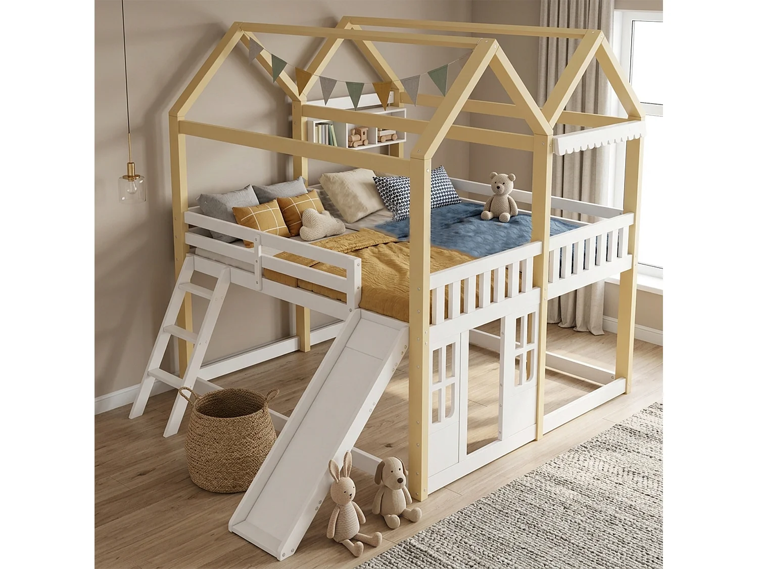 Våningssäng barn 90x200 cm - med rutschkanor och klättervägg - kan vändas till vänster och höger - Massivt trä + MDF - Vit + Natur (utan madrass)
