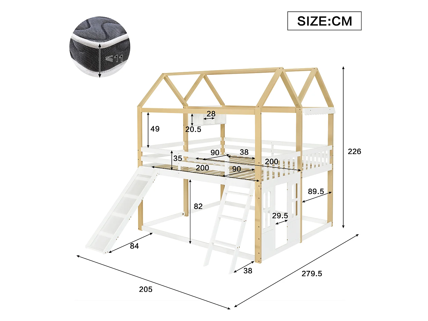 Våningssäng barn 90x200 cm - med rutschkanor och klättervägg - kan vändas till vänster och höger - Massivt trä + MDF - Vit + Natur (utan madrass)