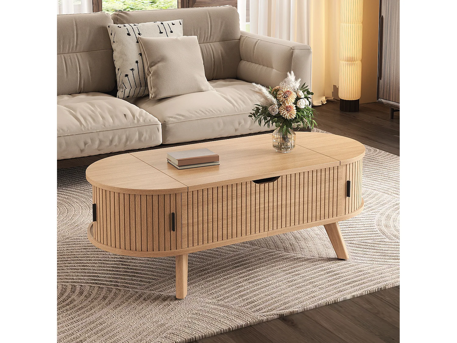 Moderne ovale opklapbare salontafel - Verstelbare plateauhoogte - Verborgen opbergruimte - 2 schuifdeuren - MDF - Natuurlijk