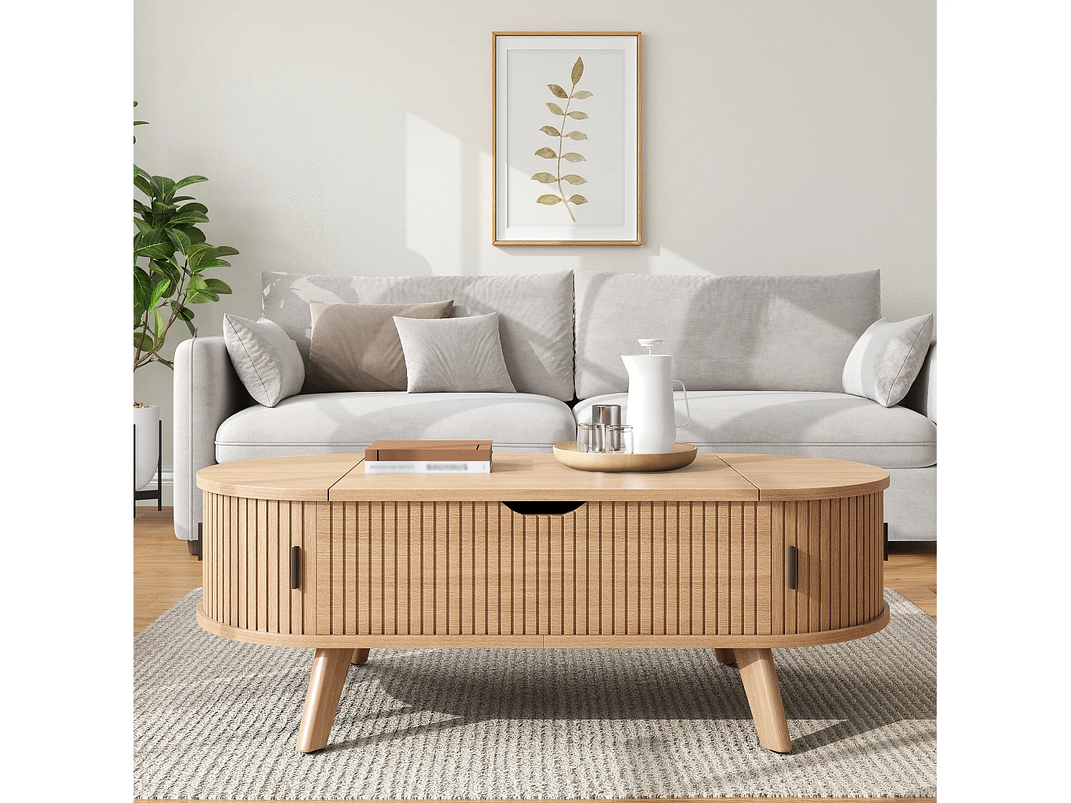 Moderne ovale opklapbare salontafel - Verstelbare plateauhoogte - Verborgen opbergruimte - 2 schuifdeuren - MDF - Natuurlijk