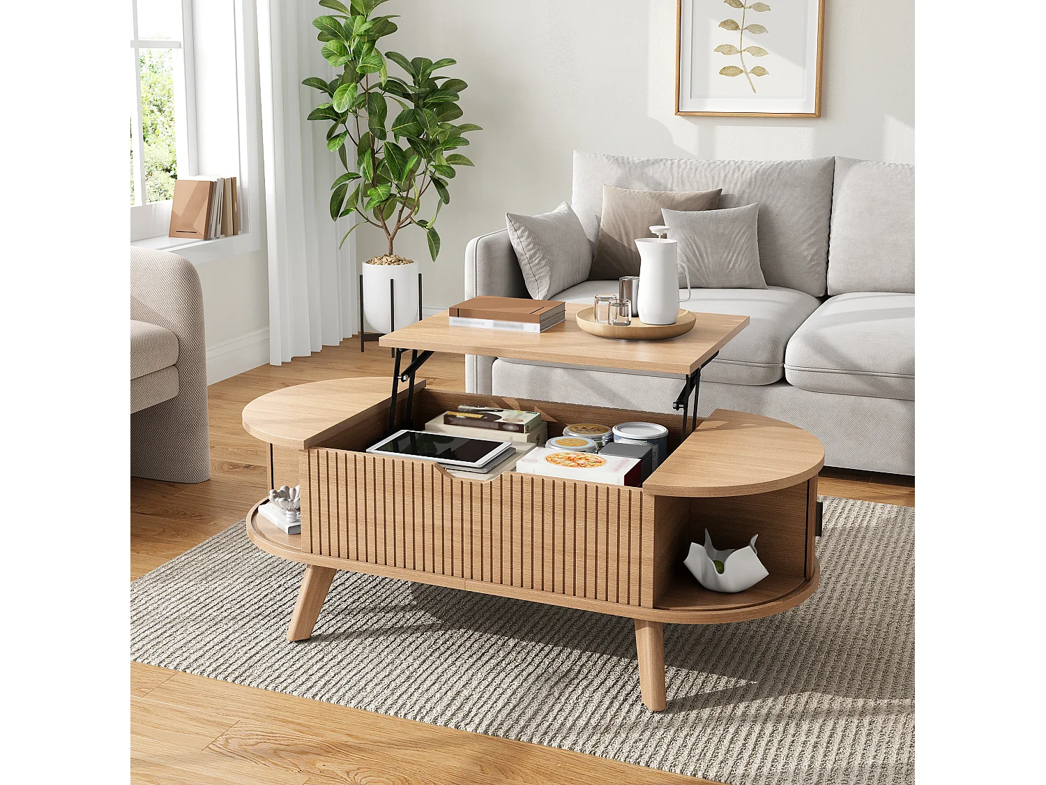 Moderne ovale opklapbare salontafel - Verstelbare plateauhoogte - Verborgen opbergruimte - 2 schuifdeuren - MDF - Natuurlijk