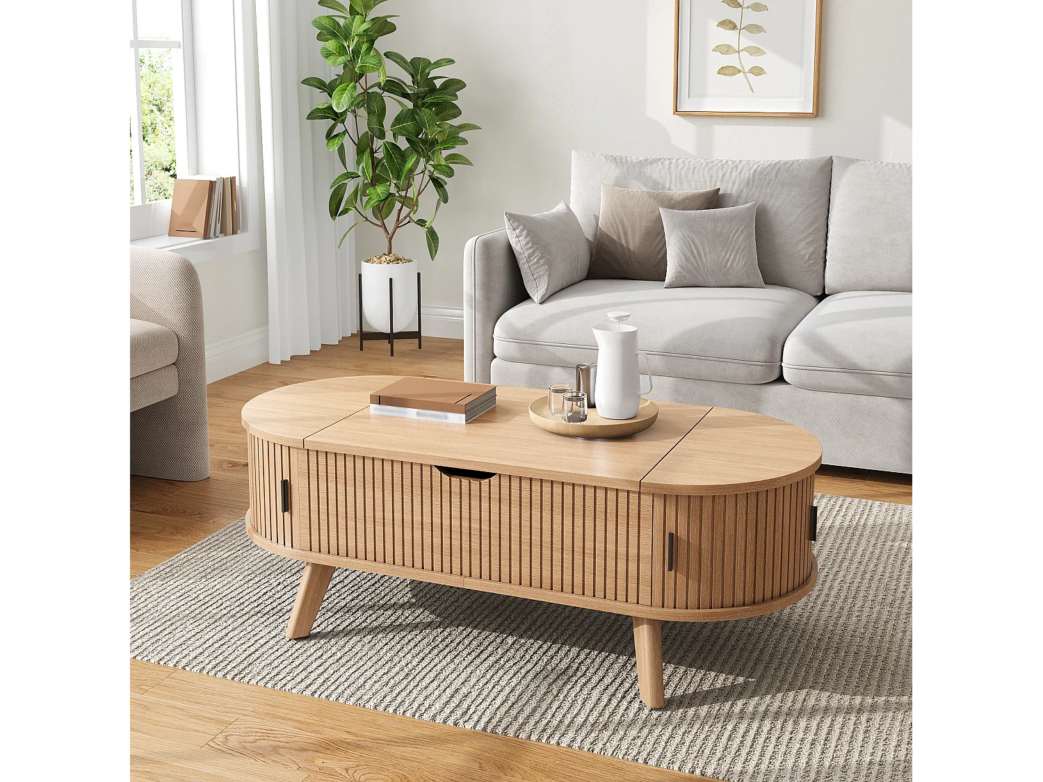 Moderne ovale opklapbare salontafel - Verstelbare plateauhoogte - Verborgen opbergruimte - 2 schuifdeuren - MDF - Natuurlijk