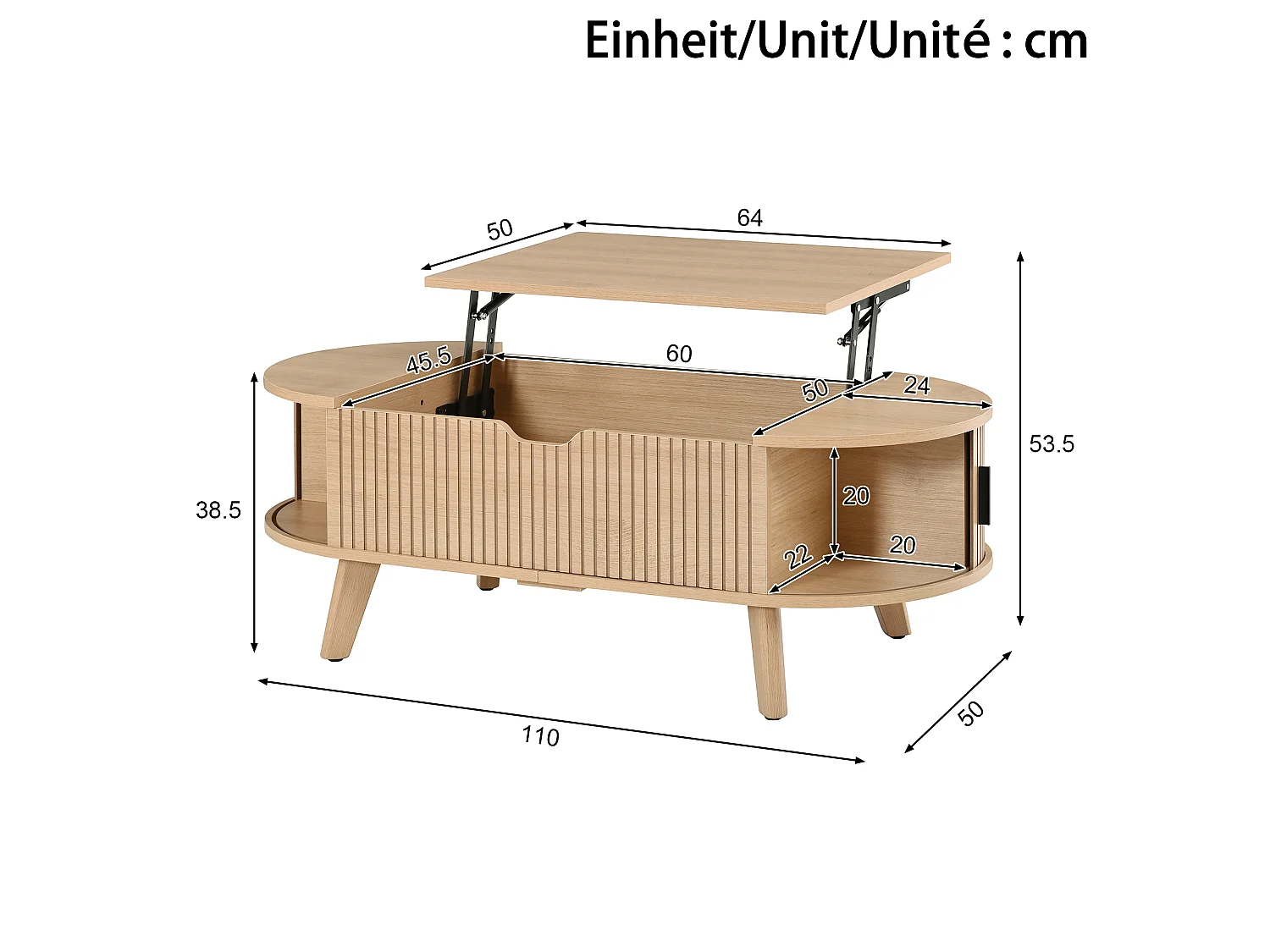 Moderne ovale opklapbare salontafel - Verstelbare plateauhoogte - Verborgen opbergruimte - 2 schuifdeuren - MDF - Natuurlijk