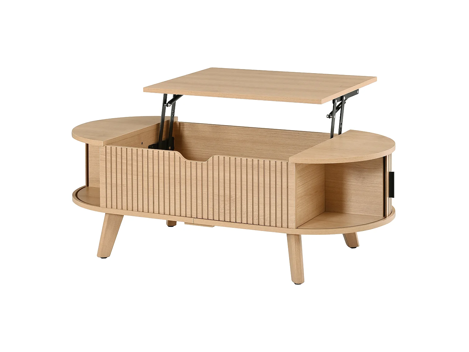 Moderne ovale opklapbare salontafel - Verstelbare plateauhoogte - Verborgen opbergruimte - 2 schuifdeuren - MDF - Natuurlijk