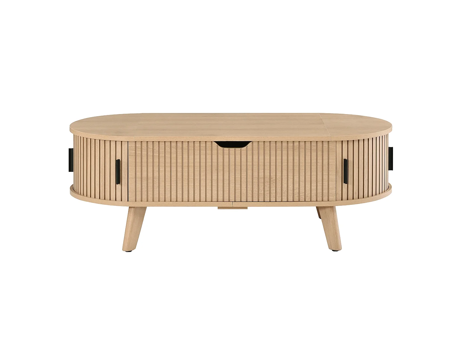 Moderne ovale opklapbare salontafel - Verstelbare plateauhoogte - Verborgen opbergruimte - 2 schuifdeuren - MDF - Natuurlijk