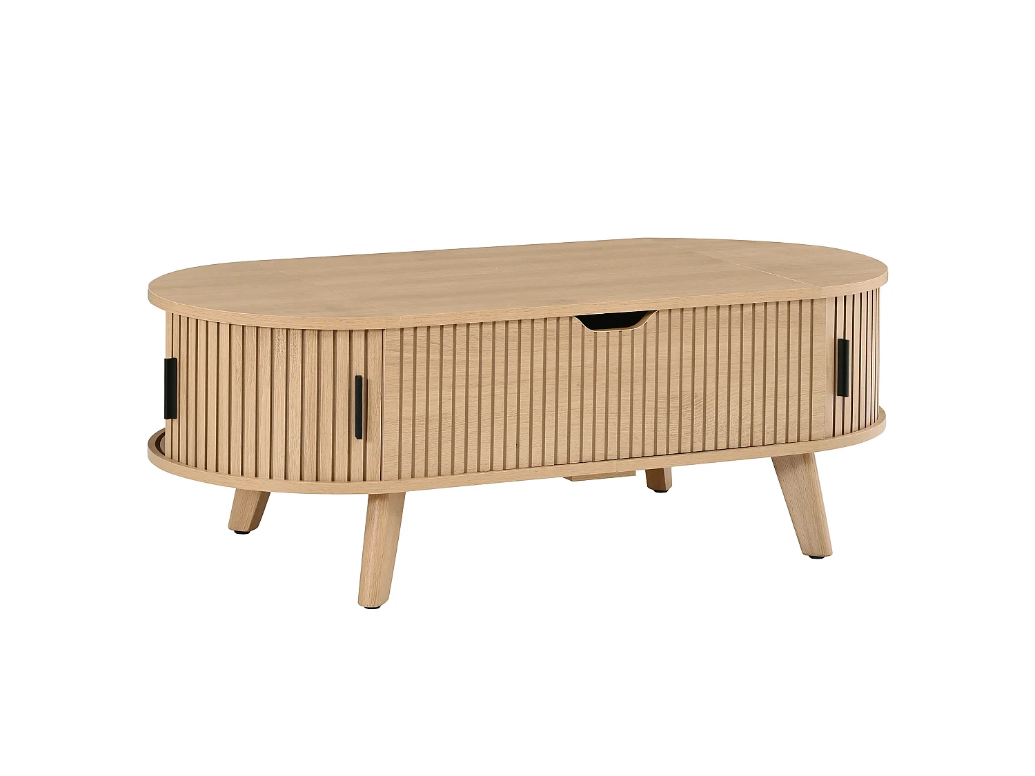 Moderne ovale opklapbare salontafel - Verstelbare plateauhoogte - Verborgen opbergruimte - 2 schuifdeuren - MDF - Natuurlijk