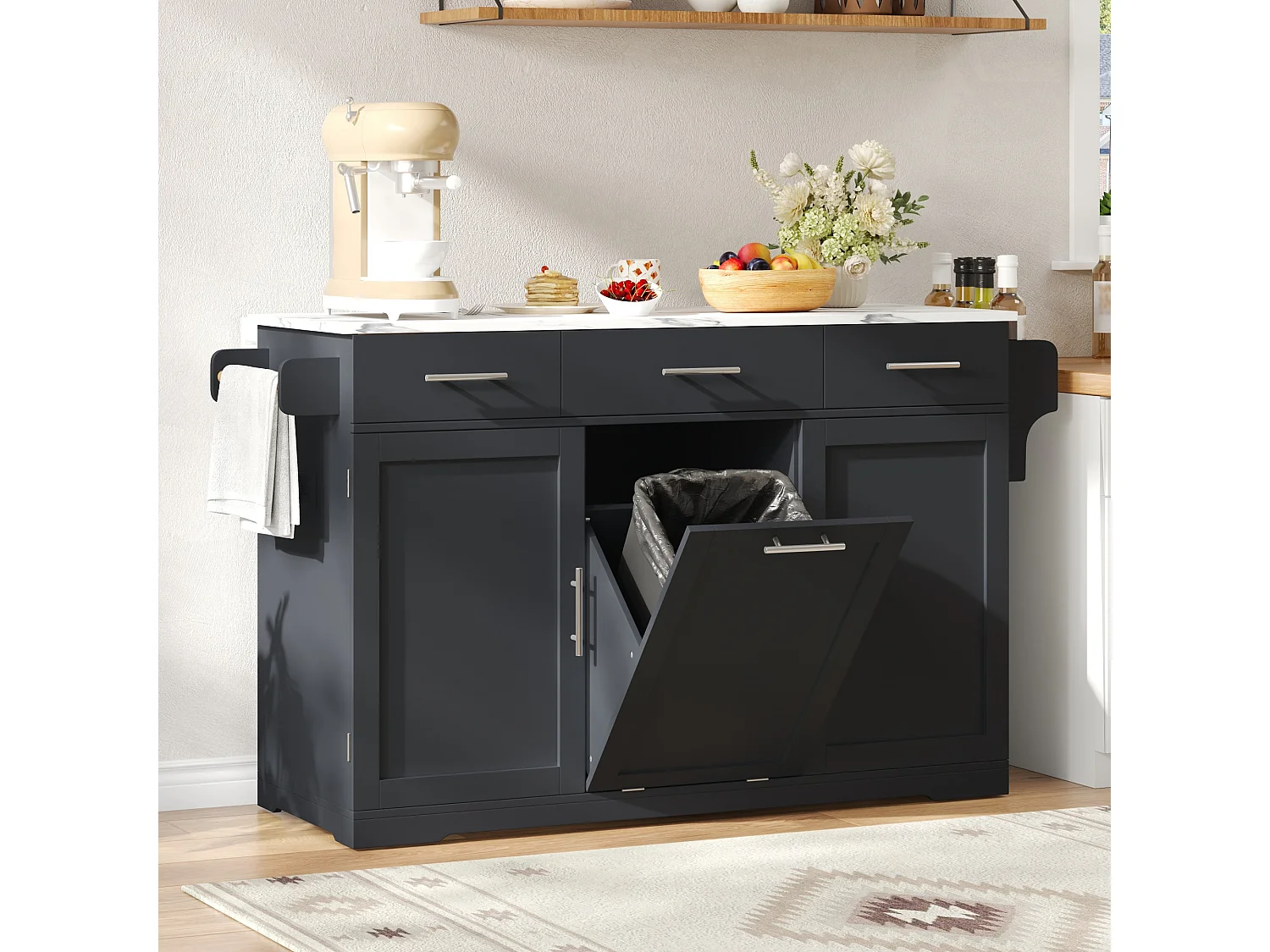 Isola Cucina Mobile 136cm - Carrello da Cucina con Piano Ribaltabile, Prese USB, 3 Cassetti & Mobile Porta-Spazzatura, Stile Moderno - Grigio