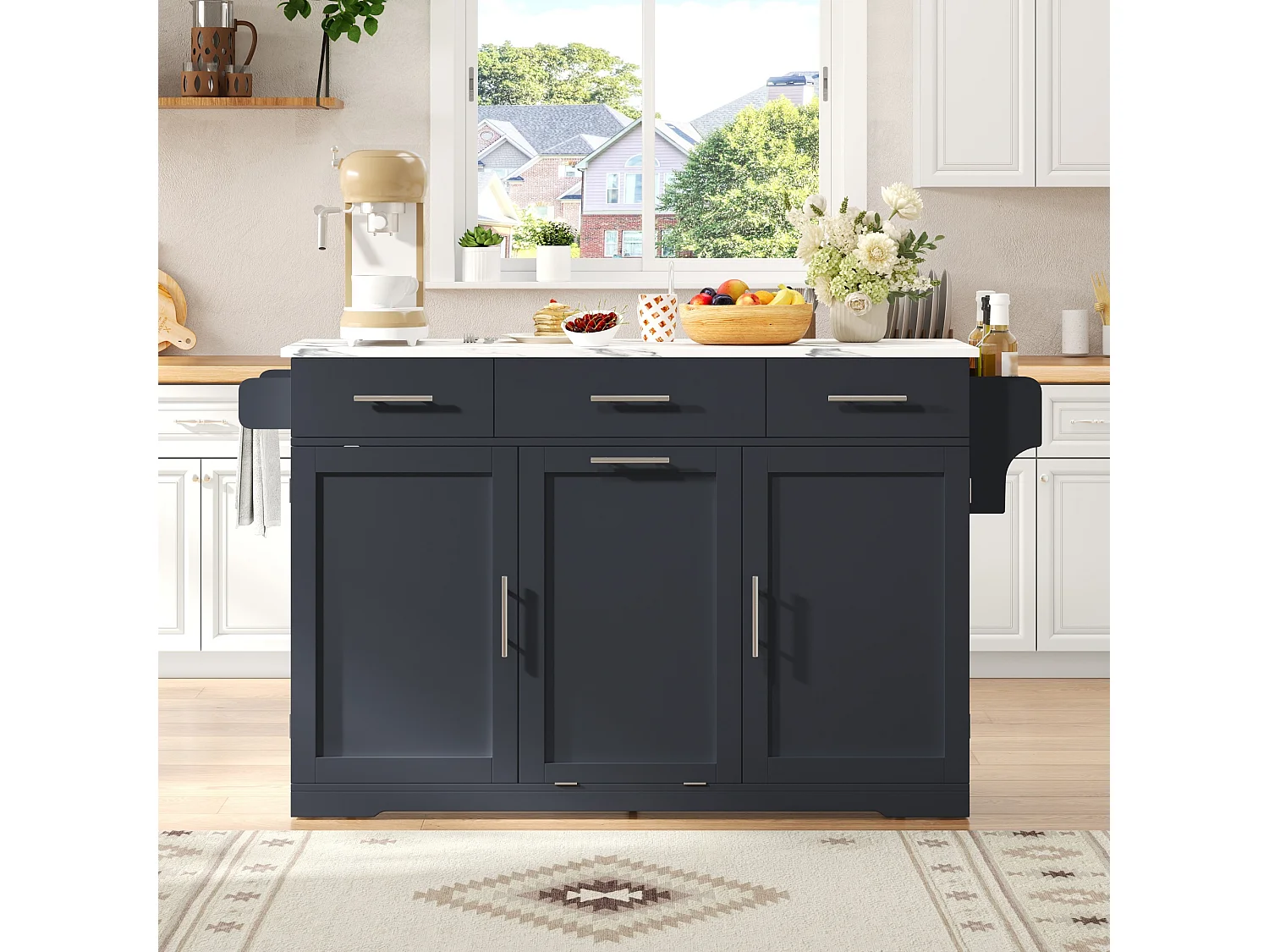 Isola Cucina Mobile 136cm - Carrello da Cucina con Piano Ribaltabile, Prese USB, 3 Cassetti & Mobile Porta-Spazzatura, Stile Moderno - Grigio