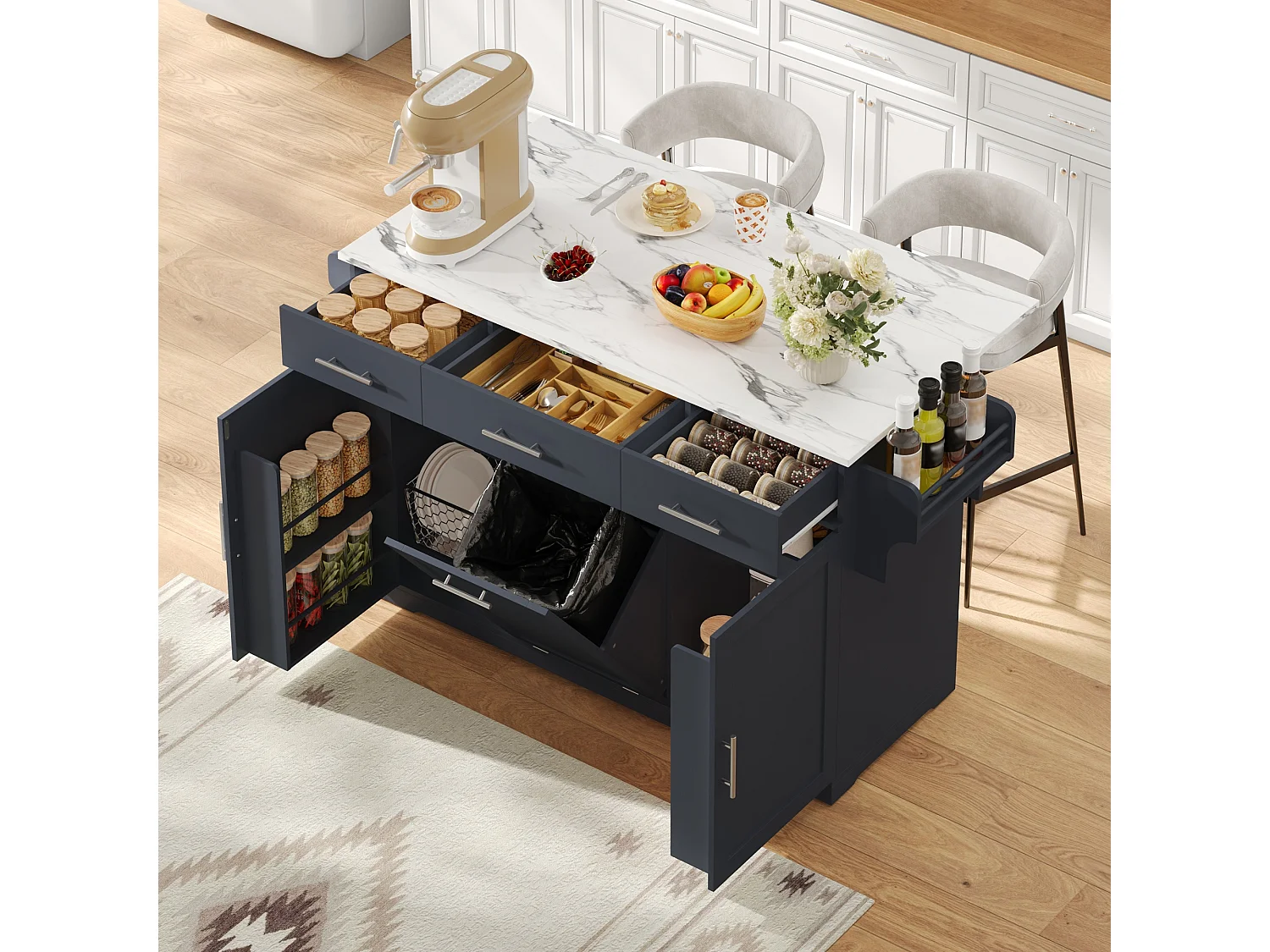 Isola Cucina Mobile 136cm - Carrello da Cucina con Piano Ribaltabile, Prese USB, 3 Cassetti & Mobile Porta-Spazzatura, Stile Moderno - Grigio
