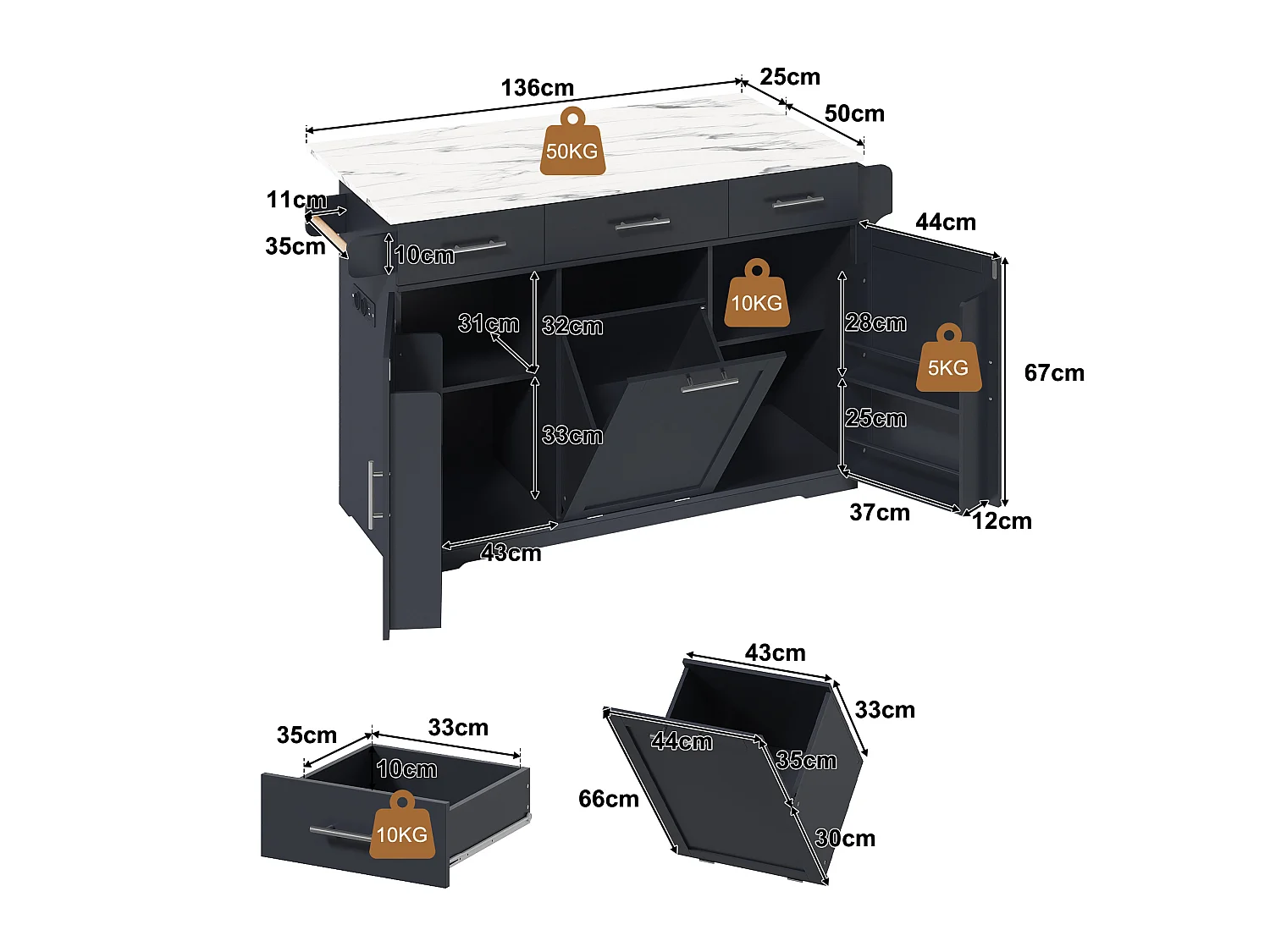 Isola Cucina Mobile 136cm - Carrello da Cucina con Piano Ribaltabile, Prese USB, 3 Cassetti & Mobile Porta-Spazzatura, Stile Moderno - Grigio