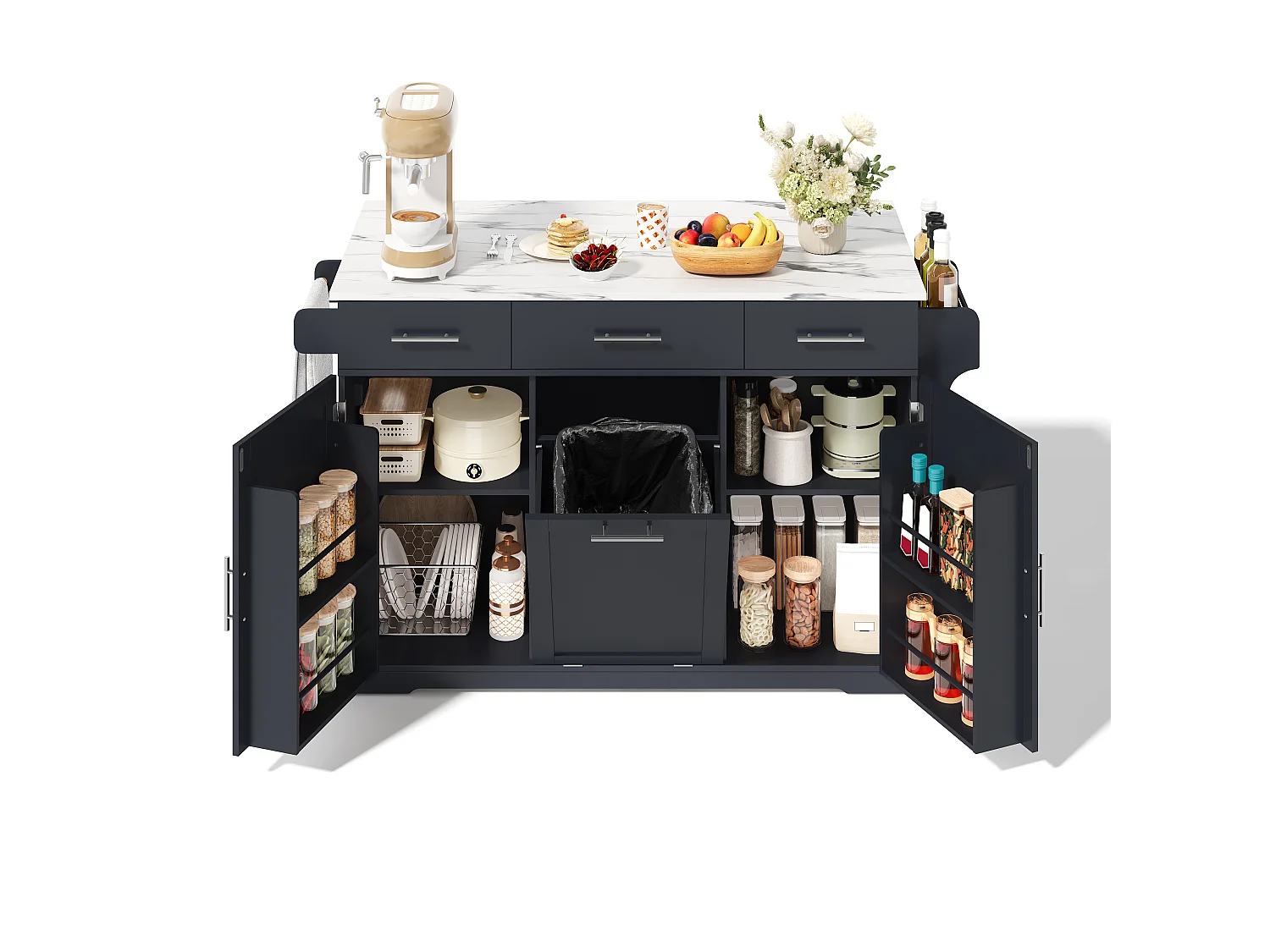 Isola Cucina Mobile 136cm - Carrello da Cucina con Piano Ribaltabile, Prese USB, 3 Cassetti & Mobile Porta-Spazzatura, Stile Moderno - Grigio