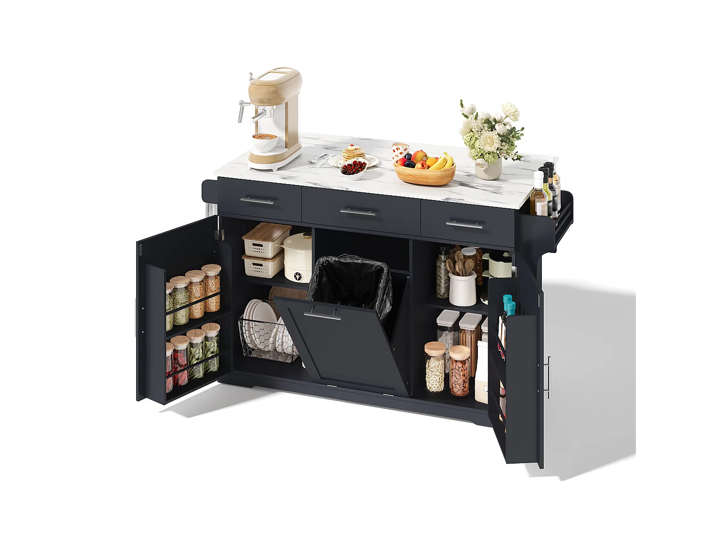 Isola Cucina Mobile 136cm - Carrello da Cucina con Piano Ribaltabile, Prese USB, 3 Cassetti & Mobile Porta-Spazzatura, Stile Moderno - Grigio