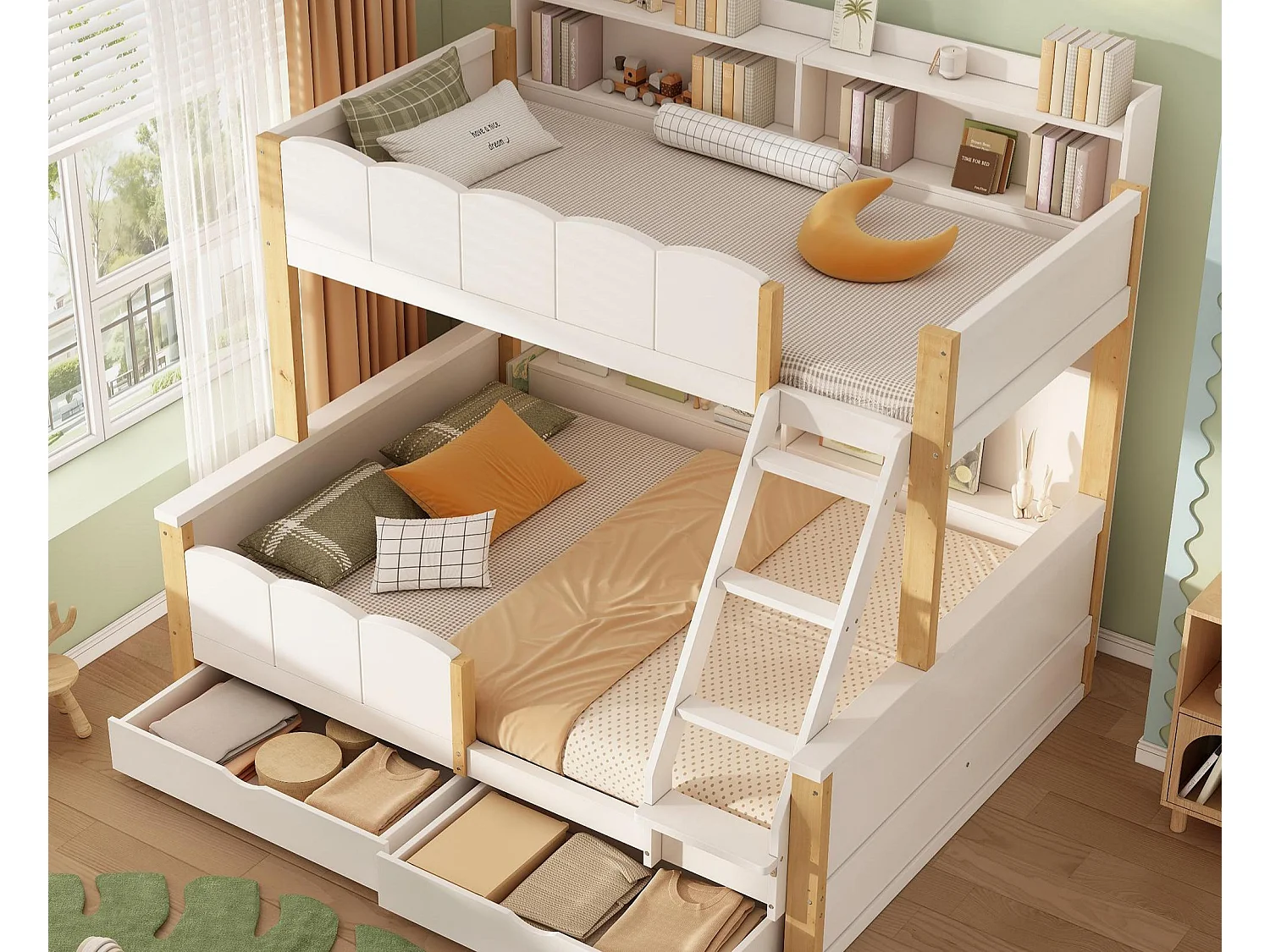 Lit superposé enfant 90x200+140x200 cm - échelle inclinée - avec 2 tiroirs - compartiment de rangement - blanc et naturel (sans matelas)