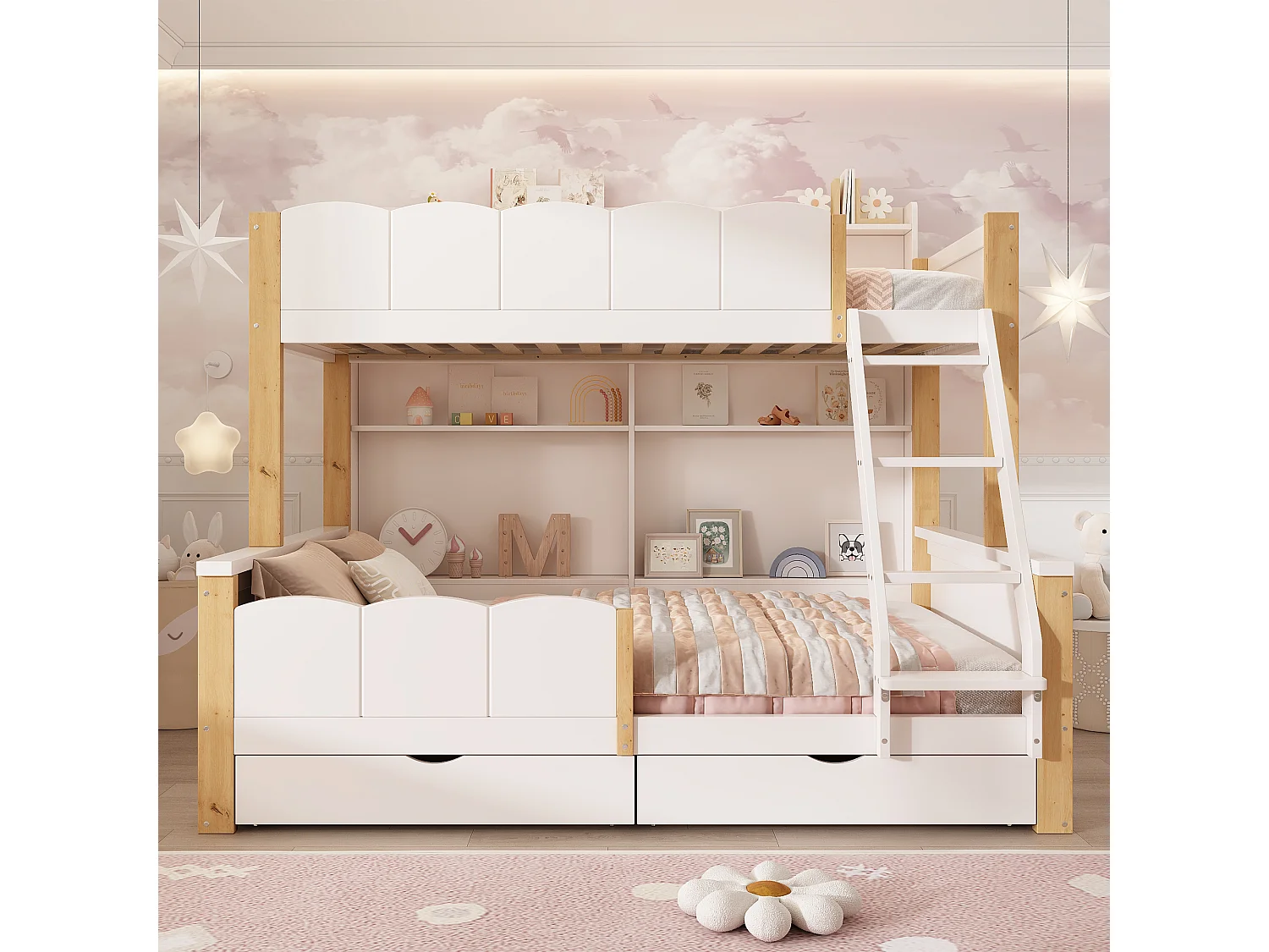 Lit superposé enfant 90x200+140x200 cm - échelle inclinée - avec 2 tiroirs - compartiment de rangement - blanc et naturel (sans matelas)