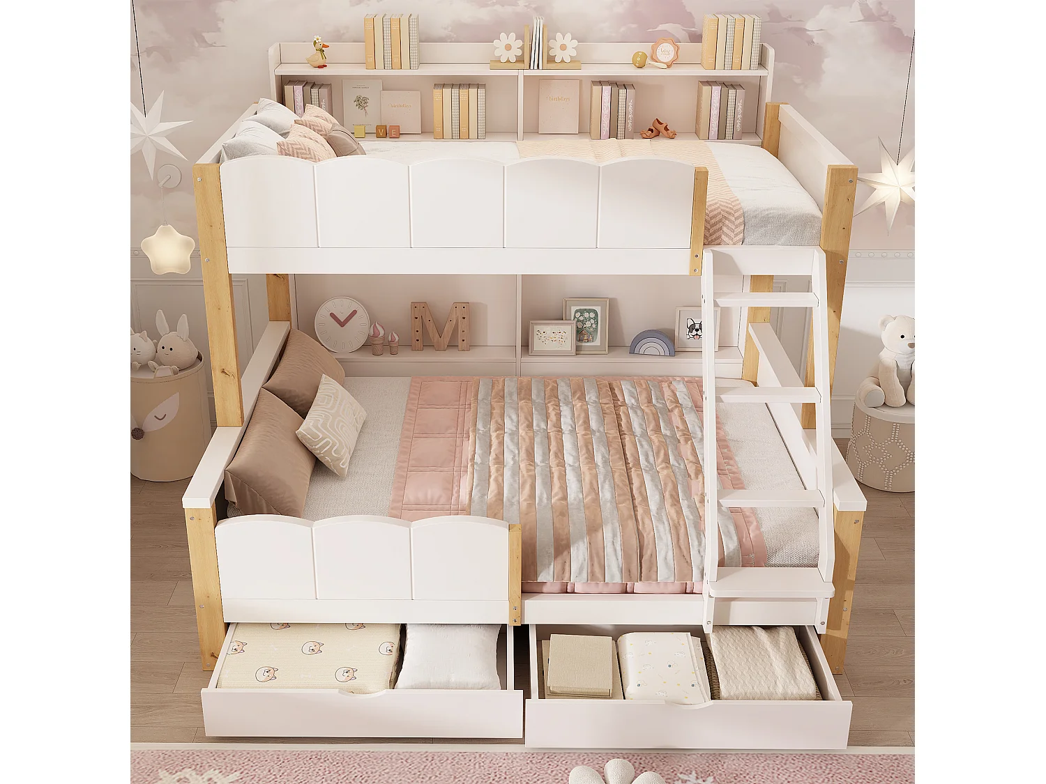 Lit superposé enfant 90x200+140x200 cm - échelle inclinée - avec 2 tiroirs - compartiment de rangement - blanc et naturel (sans matelas)